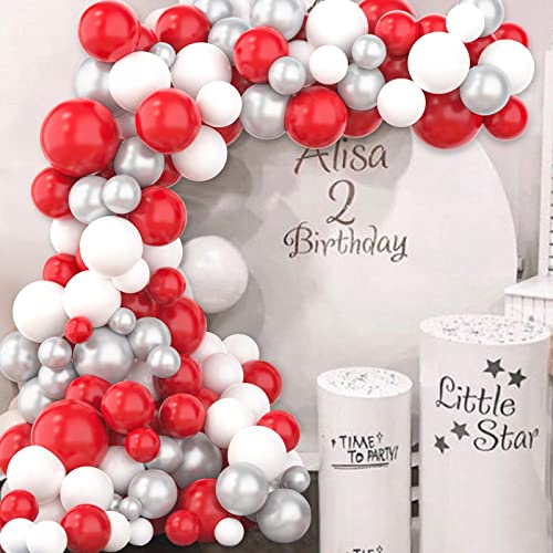 DUGEHO 130 Stück Rot Weiß Silberner Girlande Ballonbogen Luftballons Girlande Set,Metallballon,Latexballon für Geburtstag Hochzeit Jubiläum Baby Shower Party von DUGEHO