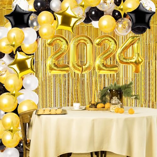 DUGEHO Silvester Deko 2024,85 Stück Schwarzes GoldParty Deko Silvester Neujahr Silvesterdeko Happy New Year Deko Banner, Konfetti Ballons und Folienballons für Silvester Neujahrsfeier von DUGEHO