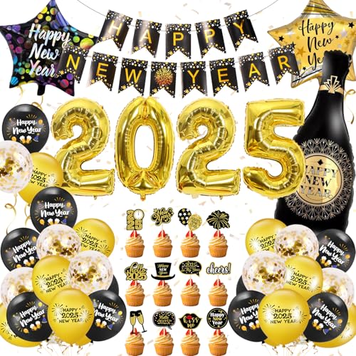 DUGEHO Silvester Deko 2025,56 Stück Schwarzes GoldParty Deko Silvester Neujahr Silvesterdeko Happy New Year Deko Banner, Konfetti Ballons und Folienballons für Silvester Neujahrsfeier von DUGEHO