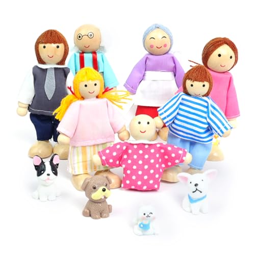 DUOCIYUAN Puppenhaus Puppen, 11 Stück Puppenhaus Figuren mit Katze und Hund Puppen Familie Set Holzpuppe Spielzeug für Kinder Puppenfamilien Biegepuppen für Minipuppen Zubehör Geschenk von DUOCIYUAN