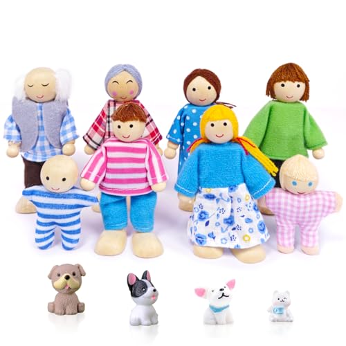 DUOCIYUAN Puppenhaus Puppen, 12 Stück Puppenhaus Figuren mit Katze und Hund Puppen Familie Set Holzpuppe Spielzeug für Kinder Puppenfamilien Biegepuppen für Puppenhaus Zubehör Geschenk von DUOCIYUAN