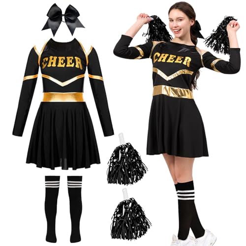 DUOLAM Cheerleader Kostüm Kinder Mädchen: Cheerleading Langarm Uniform Outfits, Cheer Leader Kleid mit Pompoms Socken für Karneval Halloween Faschingskostüme Dress Up Fasching Party Tanzkleid (140) von DUOLAM