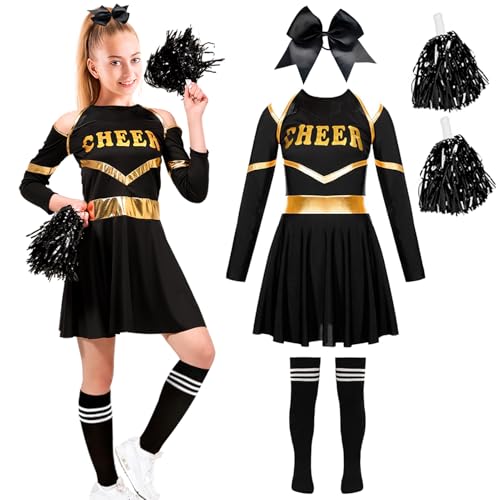 DUOLAM Cheerleader Kostüm Kinder Mädchen: Cheerleading Langarm Uniform Outfits, Cheer Leader Kleid mit Pompoms Socken für Karneval Halloween Faschingskostüme Dress Up Fasching Party Tanzkleid (140) von DUOLAM