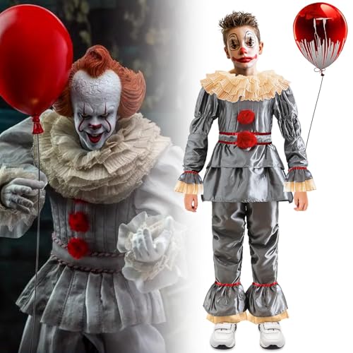 DUOLAM Halloween Clown Pennywise Kostüm: Kinder Horror Clown Kostüm Set, Horrorfilm Killer Clown Pennywise Cosplay Kostüm Outfit, Verkleidung Kleidung Rollenspiel für Halloween Karneval Party Horror von DUOLAM