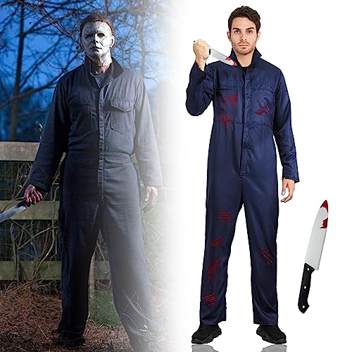 DUOLAM Halloween Karneval Michael Myers Kostüm: 2 Pack Gruselig Horror Killer Film Cosplay Kostüm Set für Erwachsene und Blutverschmiertes Messer Fasching Mottoparty Arbeitsoveralls Overall (L) von DUOLAM