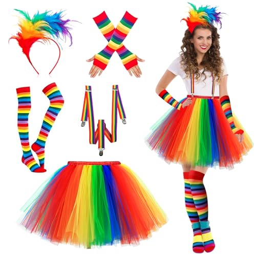 DUOLAM Regenbogen Tüllrock Damen Kostüm: 5 Stück Tüllrock Set Hosenträger, Kniestrümpfe Bunt,Fingerlose Handschuhe, Bunte Feder-Haarbänder, Karneval Tütü 50er jahre Outfit Halloween Ballett Tanzkleid von DUOLAM