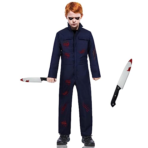 Halloween Michael Myers Kostüm Kinder: 2 Pack Karneval Halloween Killer Film Horror Cosplay Kostüm und Blutverschmiertes Messer Kinderoverall Anzug Fasching Mottoparty Arbeitsoveralls (L,10–14 Jahre) von DUOLAM