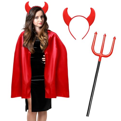 DUOLAM Teufel Kostüm Damen Rot Umhang: Halloween Teufel Umhang mit Teufel Winkel Dreizack, Karneval Teufelkostüm, Devil Vampir Stand Kragen Umhang Prop Set für Karneval Masquerade Cosplay Mottoparty von DUOLAM