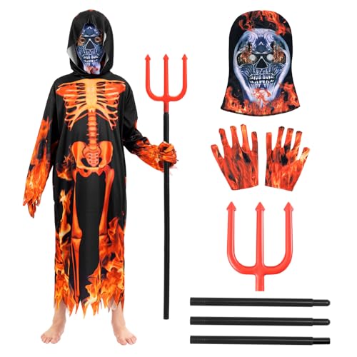 DVDGSC Kinder Teuflisches Skelett Kostüm: Sensenmann Kostüm für Jungen - Robe mit Kapuze Schädelmaske Handschuhen Dreizack - Feuerrote Teufel Skelettkostüm Halloween Karneval Cosplay Set (L) von DVDGSC