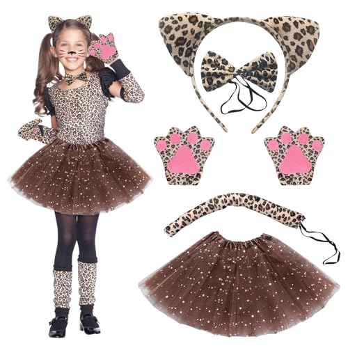 DVDGSC Katze Kostüm Kinder Mädchen: Katzen Kostüm Set für Karneval Halloween Cosplay, Tierkostüm Kinder Tutu Rock mit Brauner Tüllrock, Leopard Haarreif Fliege Schwanz Pfoten Handschuhe von DVDGSC