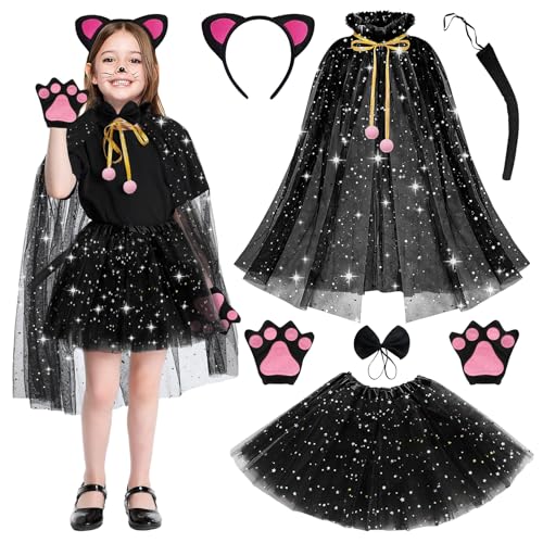 DVDGSC Kostüme Katze Mädchen Kinder Tierkostüm: 6-teiliges Schwarz Katzen Cosplay Set - Tutu Rock Katzenohren Haarreif Schwanz Fliege Katzenpfoten Handschuhe Umhang - für Karneval Halloween Party von DVDGSC