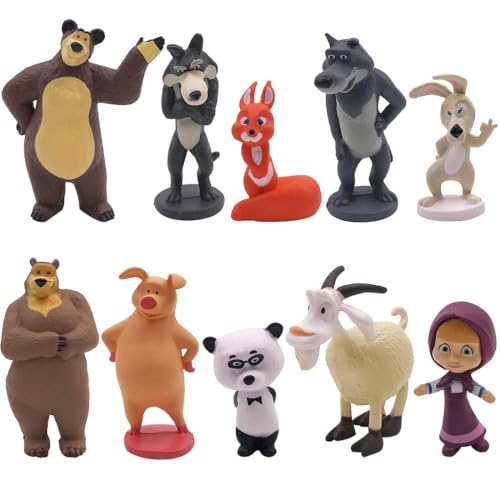 DVSWDMA 10 PCS Masha Bear Mini Figuren Set, Bär Mini Figuren Cake Topper M-ini F-iguren Set, Anime Geburtstagsfeier Liefert, Sammelfiguren für Geburtstag Jubiläum von DVSWDMA