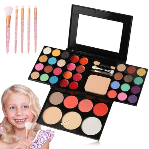 Schminkkoffer Mädchen, Farben waschbarer Kinderschminkspielzeug, ungiftige Kinderkosmetik mit 5 abwaschbaren Pinseln, Bühnenauftritt Halloween Geburtstag Party Beauty Set Geschenk von DWFEYOI