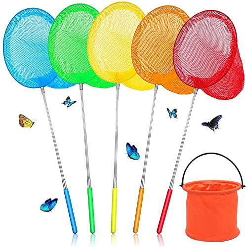 5 Stück Teleskop-Schmetterlingsnetz für Kinder, Fischernetz, Teichnetz, ausziehbar+1 Packung faltbarer Eimer für Kinder, Fangen von Insekten, kleinen Fischen, Outdoor, Strand, Garten Aktivitäten von DWTECH