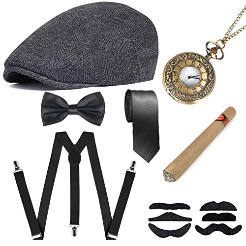 DWTECH 1920S Jahre Herren Accessoires,20er Gangster Jahre Accessoires,Mafia Karneval Kostüm Herren,Fasching Hosenträger Herren Kostüm Set Deko, Peaky Blinders Kostüm, Ideal Kostüme für Partys (grau) von DWTECH