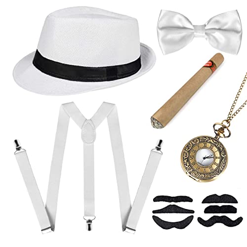 DWTECH 1920S Jahre Herren Accessoires,20er Gangster Jahre Accessoires,Mafia Karneval Kostüm Herren,Fasching Hosenträger Herren Kostüm Set Deko, Peaky Blinders Kostüm, Ideal Kostüme für Partys (weiß) von DWTECH