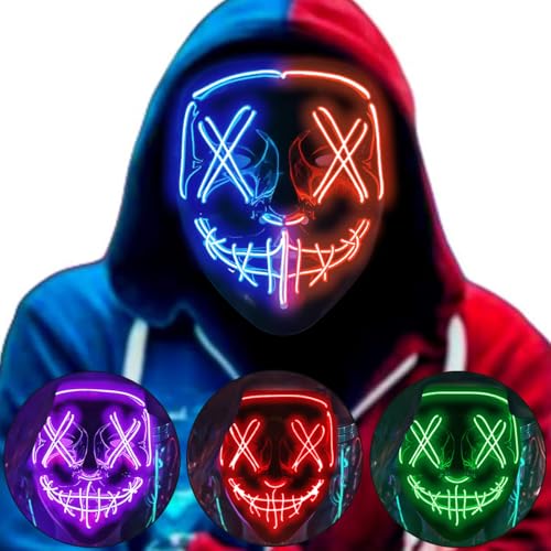 DWTECH Halloween Purge Maske LED Halloween Kostüm LED Glow Scary Light Up Masken für Festival Party Karneval Kostüm Weihnachten Cosplay Glow in Dark (Blau+Rot) von DWTECH