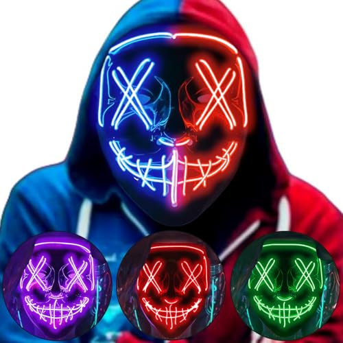 DWTECH Halloween Purge Maske LED Halloween Kostüm LED Glow Scary Light Up Masken für Festival Party Karneval Kostüm Weihnachten Cosplay Glow in Dark (Blau+Rot) von DWTECH