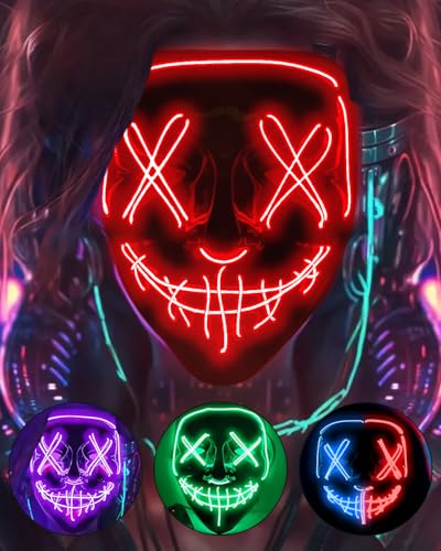 DWTECH Halloween Purge Maske LED Halloween Kostüm LED Glow Scary Light Up Masken für Festival Party Karneval Kostüm Weihnachten Cosplay Glow in Dark (Rot) von DWTECH