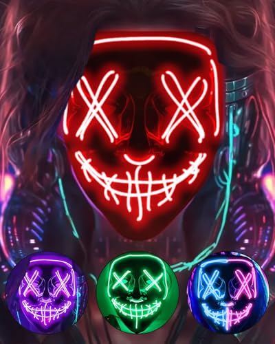 DWTECH Halloween Purge Maske LED Halloween Kostüm LED Glow Scary Light Up Masken für Festival Party Karneval Kostüm Weihnachten Cosplay Glow in Dark (Rot) von DWTECH