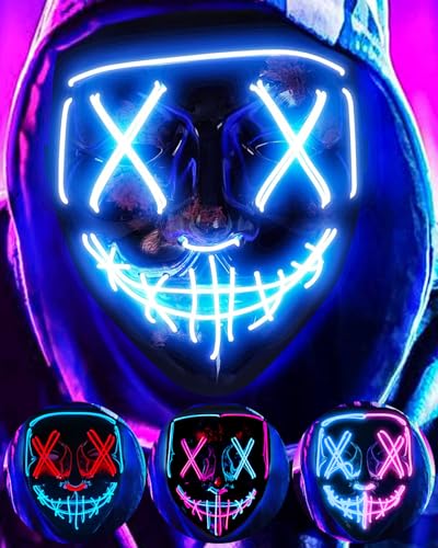 DWTECH LED-Halloween-Maske, EL-Draht, gruselige Maske für Maskerade, Cosplay, beleuchtete Gesichtsmaske für Kinder, Männer, Frauen, , Festival,Party (blau) von DWTECH