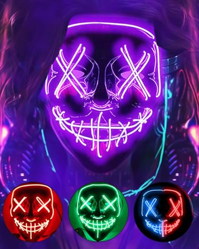 DWTECH Halloween Purge Maske LED Halloween Kostüm LED Glow Scary Light Up Masken für Festival Party Karneval Kostüm Weihnachten Cosplay Glow in Dark (Lila) von DWTECH