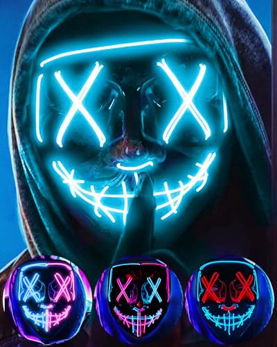 LED-Halloween-Maske – beleuchtete Maske mit LED-Masken, EL-Draht, gruselige Maske für Maskerade, Cosplay, beleuchtete Gesichtsmaske für Kinder, Männer, Frauen, Halloween, Festival,Party (Eisblau A) von DWTECH