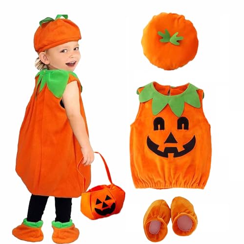 DXIA Halloween Kinder Kürbis Kostüm, Kinder Kürbis Kostüm, Kürbis Kostüm Set mit Hut, Kleidung, Schuhe und Kürbis Handtasche, Orange Halloween Kürbis-Kostüm, Größe M 40cm in der Länge von DXIA