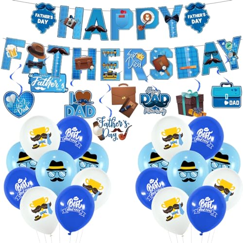 27-teiliges Vatertags-Dekorationsset enthält "Happy Father's Day"-Banner, Blau, hellblau, weiß Latexballons, Hanging Swirls, Geburtstag, Party-Dekoration und Vatertagskuchendekorationen von DYCHYPP