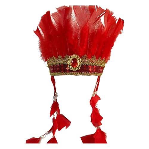 DYKeWei Karnevals-Kopfbedeckungen für Damen, Federschmuck-Zubehör, 1920er-Jahre-Flapper-Stirnband, indischer Federschmuck für Karneval Stirnband Frottee (Red, One Size) von DYKeWei