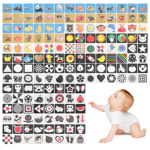 160 Bilder Hohe Kontrast Kleinkinder Lernkarten, 12x12cm Baby Visuellen Stimulation Karten, Schwarz-Weiße Sensorik Karten, Gehirn Entwicklung Lernkarten für Neugeborene ab 0 3 6 12 36 Monate von DYMHQ