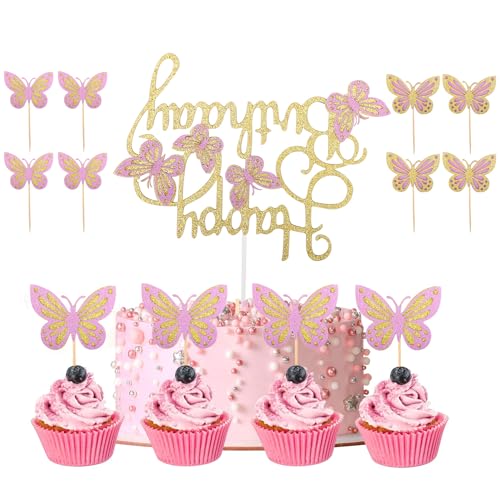 Happy Birthday Schmetterling Kuchenaufsatz, 13 Stück Schmetterlingsmotiv Kuchendekorationsstück, 3D Karton Glitzernde Hohle Cupcake Picks, Glitter Tortendeko für Mädchen Frauen Party von DYMHQ