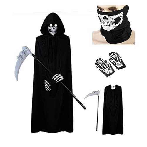 DYOUen Sensenmann Kostüm mit Totenkopf Maske Sensemann Umhang Sense und Handschuhe, Erwachsene Grim Reaper Costume für Cosplay Halloween Dekoration (140CM) von DYOUen