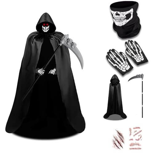 DYOUen Sensenmann Kostüm mit Totenkopf Maske Sensemann Umhang Sense und Handschuhe, Erwachsene Grim Reaper Costume für Cosplay Halloween Dekoration (140CM) von DYOUen