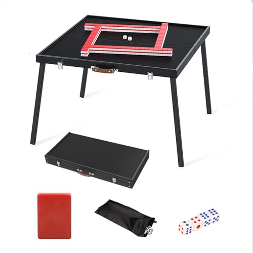 DYUNCZ 23,6" Tragbares Mahjong-Set, Zusammenklappbarer Spieltisch, Zusammenklappbarer Kartentisch mit 144-teiligem 30 mm Mahjong-Set, Mahjong-Aufbewahrungstasche X1 und Würfel X4(Red) von DYUNCZ