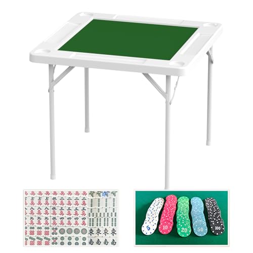 DYUNCZ 34,5 Zoll Quadratischer Klappbarer Kartentisch, Mahjong-Tisch mit Mahjong-Set und Chips, Tragbarer Zusammenklappbarer Spieltisch mit Grüner PVC-Tischplatte von DYUNCZ