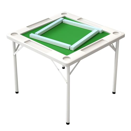 DYUNCZ Klappbarer Mahjong-Tisch, Domino-Tisch, Faltbarer Spieltisch, Faltbarer Quadratischer Kartentisch, mit Verschleißfester PVC-Schreibtischplatte, 4 Getränkehaltern und 4 Chip-Rillen(White) von DYUNCZ