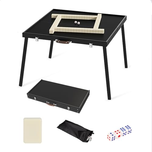 DYUNCZ 23,6" Tragbares Mahjong-Set, Zusammenklappbarer Spieltisch, Zusammenklappbarer Kartentisch mit 144-teiligem 30 mm Mahjong-Set, Mahjong-Aufbewahrungstasche X1 und Würfel X4(White) von DYUNCZ