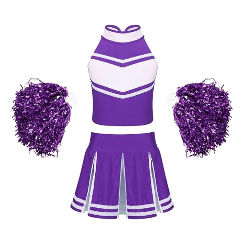 DYYEUAVT Cheerleading-Uniform, Cheerleader-Outfit für Kinder, Mädchen, ärmellos, Cheerleader-Kostüm mit Blumenbällen, Set für Bühnenauftritte, Cosplay-Tanzkleidung, Cheerleader-Kostüm (lila, 8) von DYYEUAVT