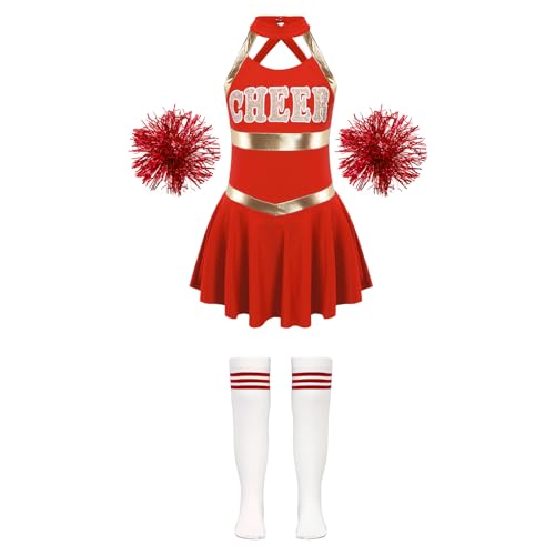 DYYEUAVT Cheerleading-Uniform, Cheerleading-Kostüm, Cheerleader-Kostüm, Cheerleader-Uniform-Kleid + Blumenbälle, Socken, Sets für Tanzwettbewerb, Cheerleader-Kostüm, (B Rot, 10) von DYYEUAVT