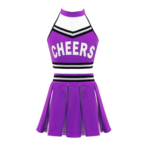 DYYEUAVT Cheerleading-Uniform, Cheerleading-Kostüm, Tanzbekleidungs-Set, bauchfreies Top + Faltenrock, Cheerleader-Kostüm, Tanzanzug für Wettbewerb, Cheerleader-Uniformen, Cheerleader-Kostüm (lila, 8) von DYYEUAVT