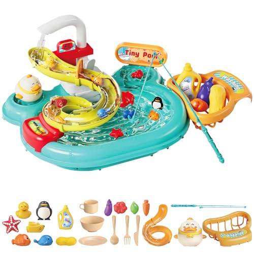 Matschküche Kinder Küchenspüle Spielzeug Set,Kinderküche Küchenspielzeug Spülbecken Spielzeug Set mit Angelspiel und Küchenzubehör,Rollenspiel Spielzeug für Kleinkinder Küchenzubehör (03) von DZAY