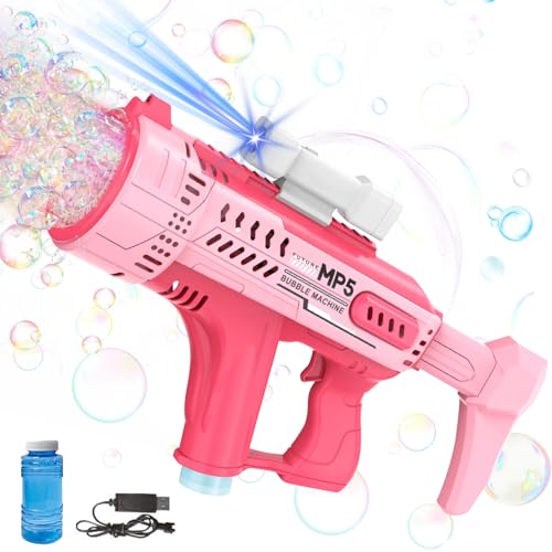 Seifenblasenpistolen Kinder Seifenblasenpistole,57Loch Seifenblasenmaschine Bubble Gun mit 120ML Seifenblasenlösung,LED Buntes Licht Blasenmaschine Blasenspielzeug für Geburtstag Party Hochzeit (Rosa) von DZAY