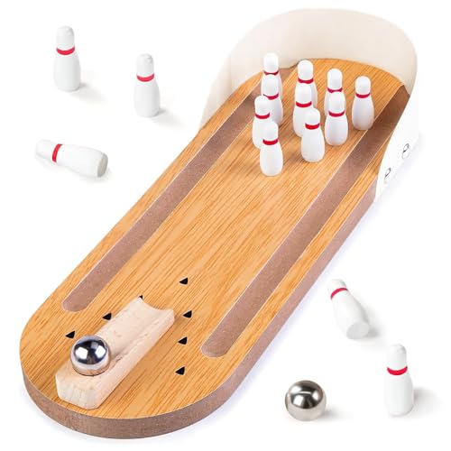 DabbOo Tischkegelbahn Kegelspiel für Kinder aus Holz Geschicklichkeitsspiele Erwachsene Mini Bowlingbahn Set mit 10 Stiften Lernspielzeug Geeignet für Partys und Eltern Kind Interaktion von DabbOo