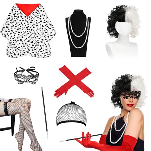 Dadazhenxuan Cruella Wig,Cruella Deville Kostüm Damen,Cruella Perücke,Perücke Schwarz Weiß Kurz,Cruella Devil Perücke von Dadazhenxuan