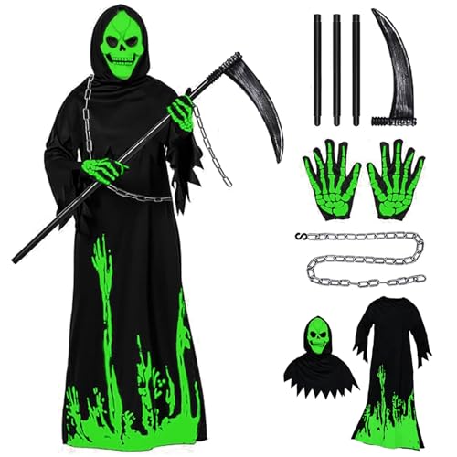 Leuchtend Sensenmann Kostüm,Totenkopf Maskenset mit Sensenmann Umhang, Sense und Handschuhe, Halloween Kostüm Unisex, Deluxe Im Dunkeln leuchtendes Phantom Kinderkostüm für Halloween Cosplay（L） von DaengGeGe