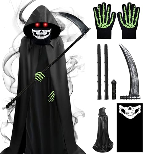 DaengGeGe Sensenmann Kostüm, 150cm Halloween Grim Reaper Kostüm, Schädelmaske Set mit 150 cm Reaper Umhang, Sense, Maske, Handschuhe, mit Kapuze für Halloween, Karneval Cosplay von DaengGeGe