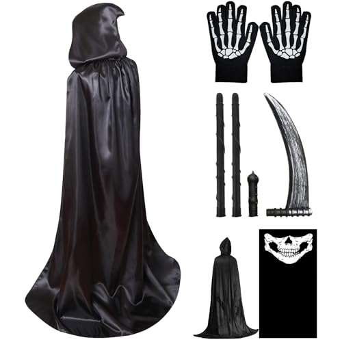 DaengGeGe Sensenmann Kostüm Kinder, 120cm Halloween Grim Reaper Kostüm Kinder, Schädelmaske Set mit 120 cm Reaper Umhang, Sense, Maske, Handschuhe, mit Kapuze für Halloween, Karneval Cosplay von DaengGeGe