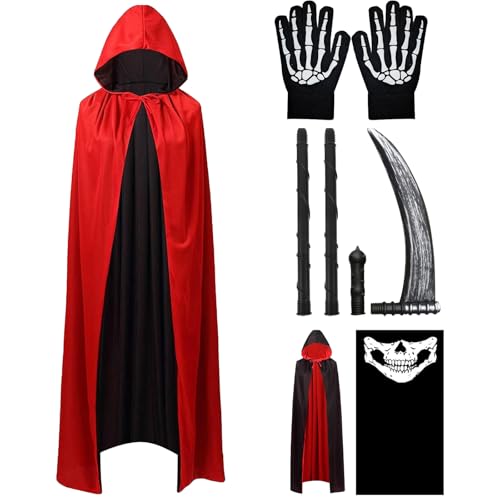 Sensenmann Kostüm Kinder, Schwarz-Roter Doppellagiger Sensenmann-Umhang,120 cm Halloween Sensenmann Kostüm mit Sense, Maske, Handschuhen, Kapuzen Sensenmann Umhang für Halloween-Karneval-Rollenspiel von DaengGeGe