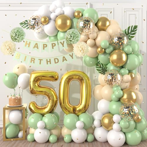 50 Geburtstag Deko Grün Gold, Luftballons Girlande mit Happy Birthday Banner, 50. Geburtstag Konfetti Luftballons für Männer Frauen 50. Geburtstag Party Dekoration von Dagelar